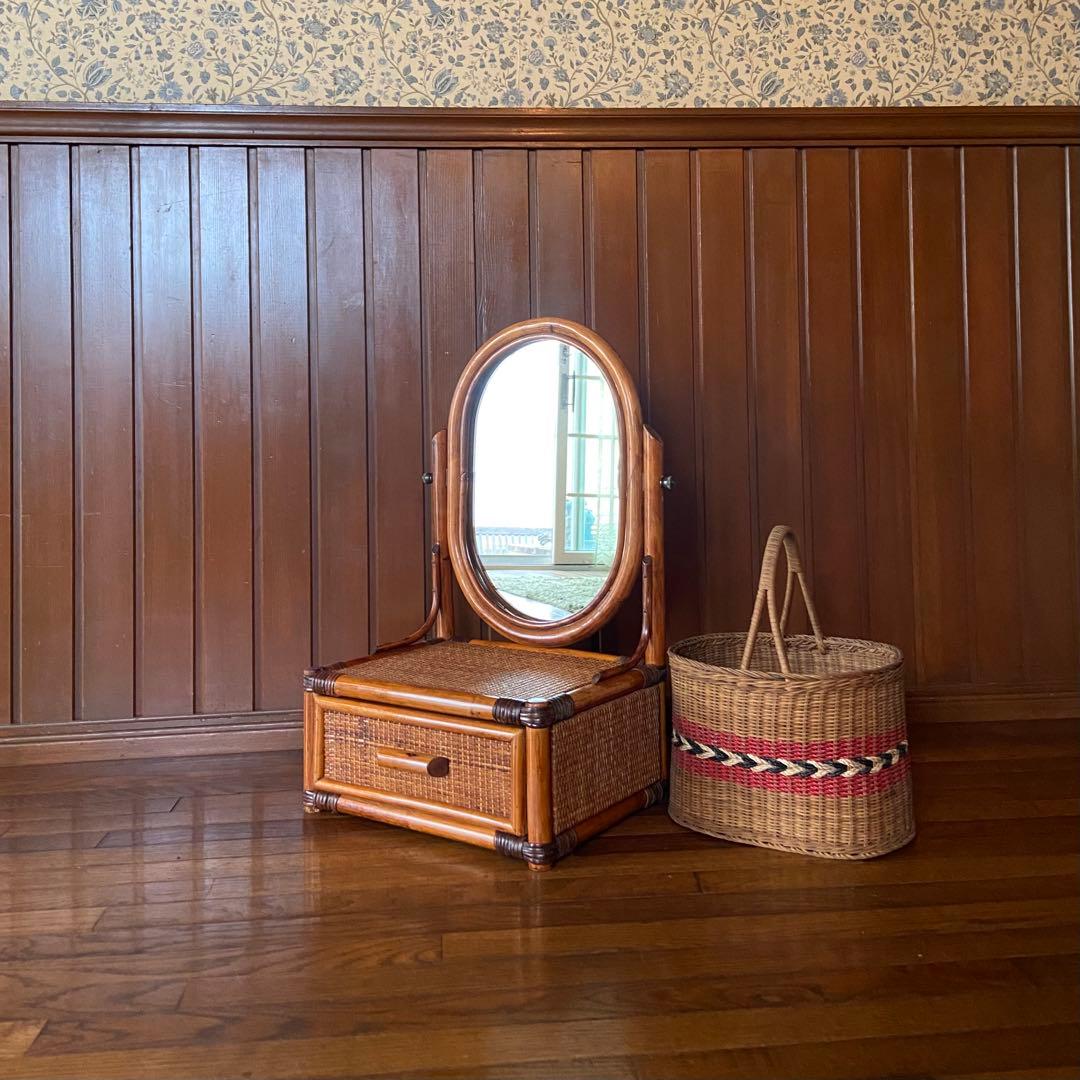 アンティーク　ラタンドレッサー　ミニ鏡台　昭和レトロ　籐製