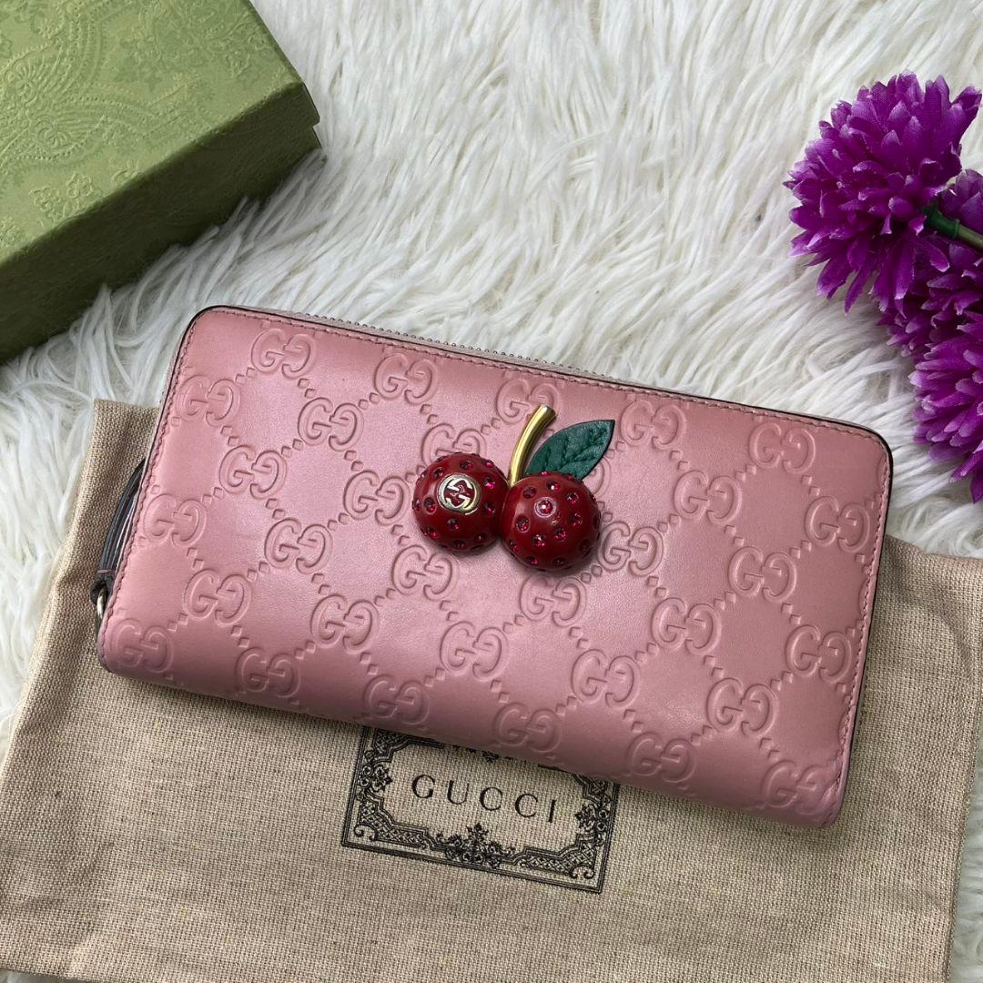 ✨日本限定品✨GUCCI 長財布　チェリー　グッチシマ　ライトストーン　ピンク