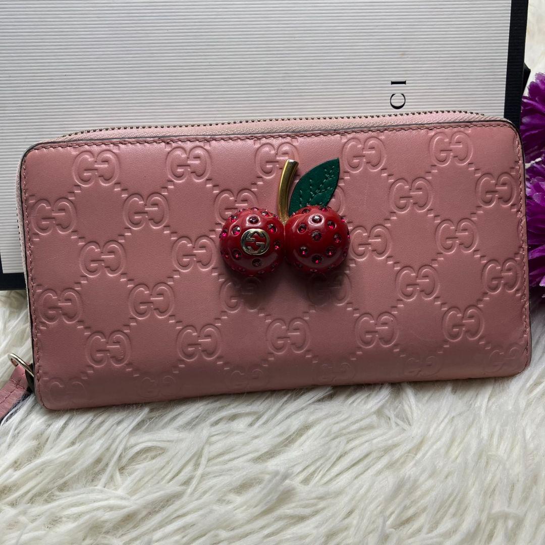 ✨日本限定品✨GUCCI 長財布　チェリー　グッチシマ　ライトストーン　ピンク