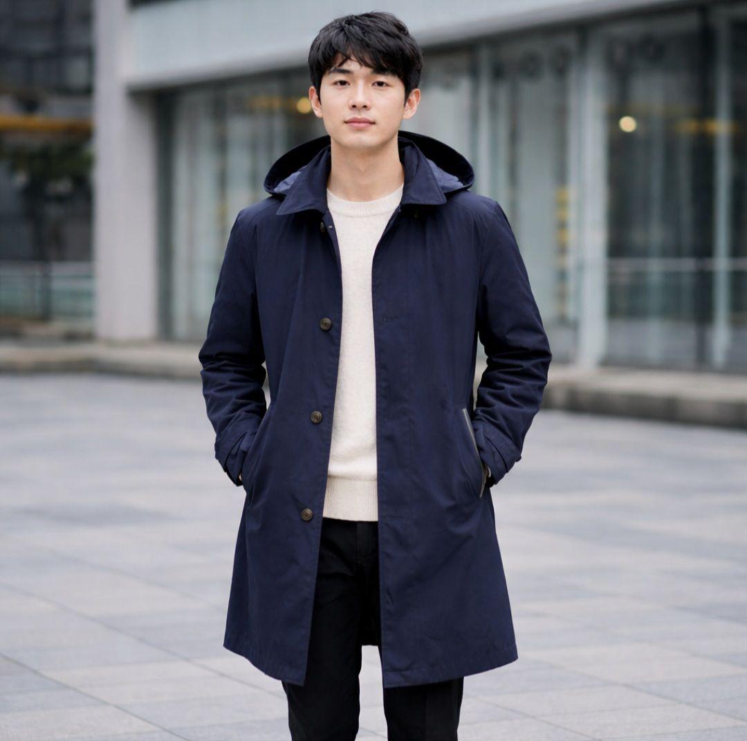 【美品】ミズノ 防風 撥水ナイロン 軽量素材 フード ステンカラーコート 紺 M