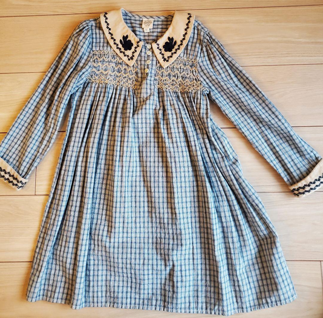 Apolina 刺繍 青チェックワンピース7-9y