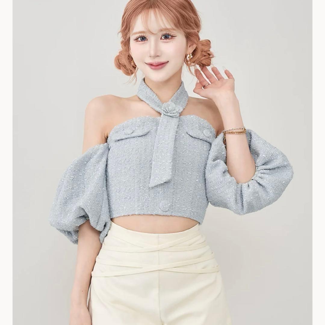 ダーリッチ ホルターネックオフショルツイードトップス