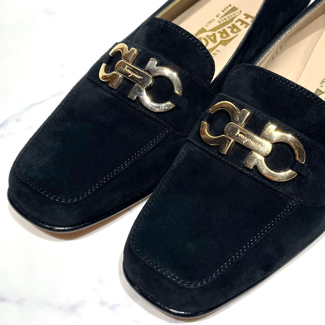 美品☆フェラガモ ガンチーニ ローファー 23.5cm 黒 スエード スリッポン