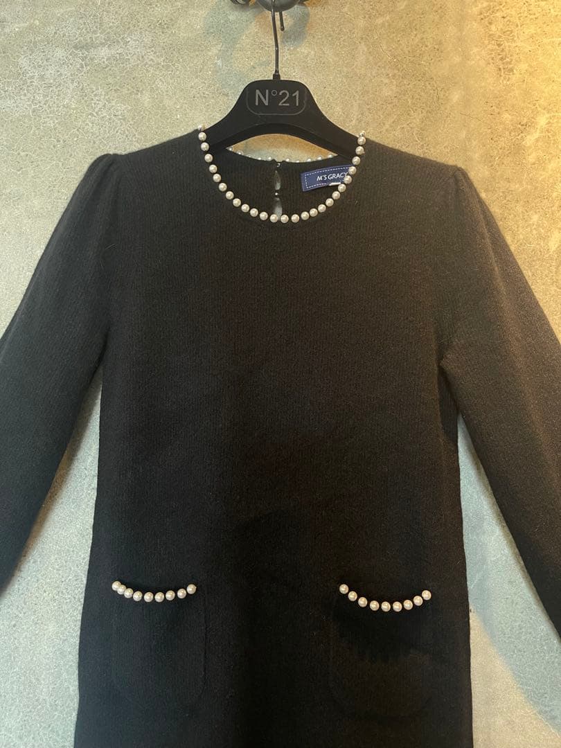 極美品✨】M´S GRACY 黒 長袖 ラクーンニット パールワンピース