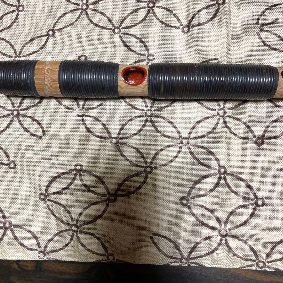 ①天然煤竹　８割り管籐巻龍笛　ケース、笛袋付