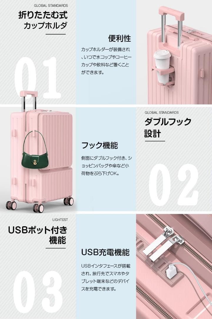 【新品・タグ付き】スーツケース Mサイズ　キャリーケース　USBポート　ピンク