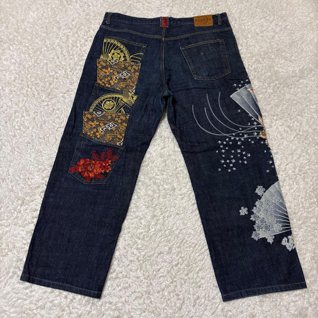 豪華刺繍】絡繰魂 上り鯉 桜 5連ポケット ストレートデニム W40 ビック