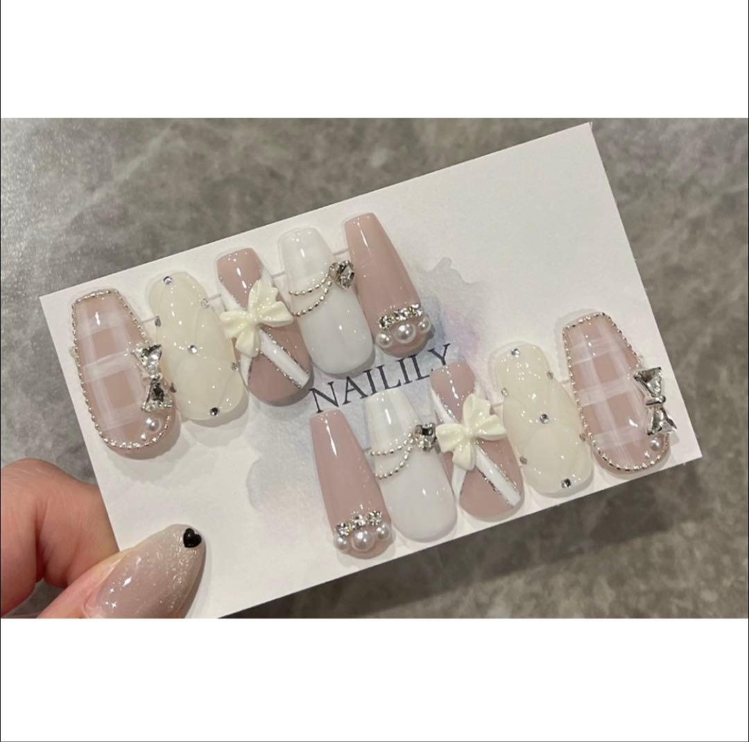 ネイルチップ マグネット チェック リボン ガーリー 韓国 量産型 地雷系