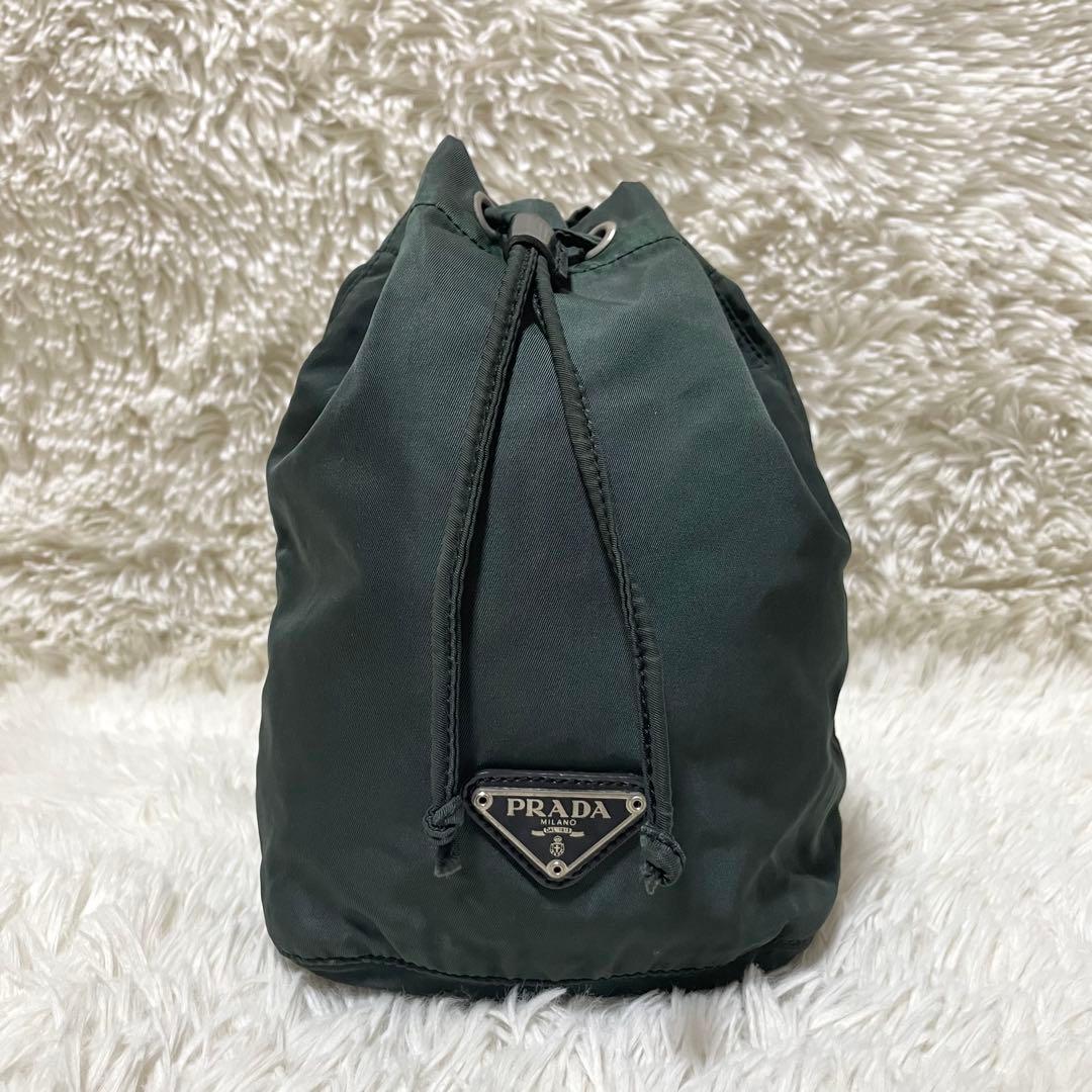 美品】PRADA プラダ ポーチ 巾着 カーキ レディース ミニ ナイロン
