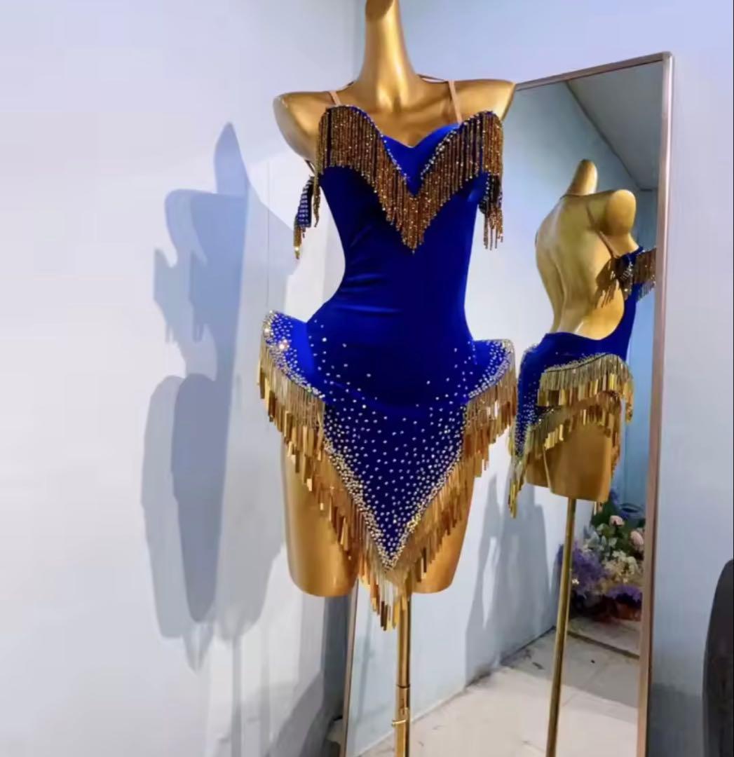 社交ダンス 最新デザイン‼️ラテンドレス ロイヤルブルー アクセサリー