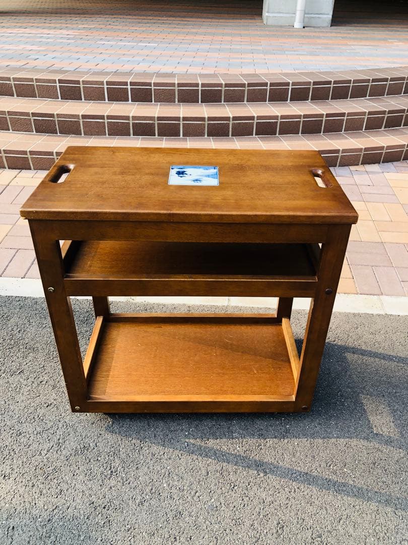 可愛い 木製キッチンワゴン 2段棚付き 石タイル