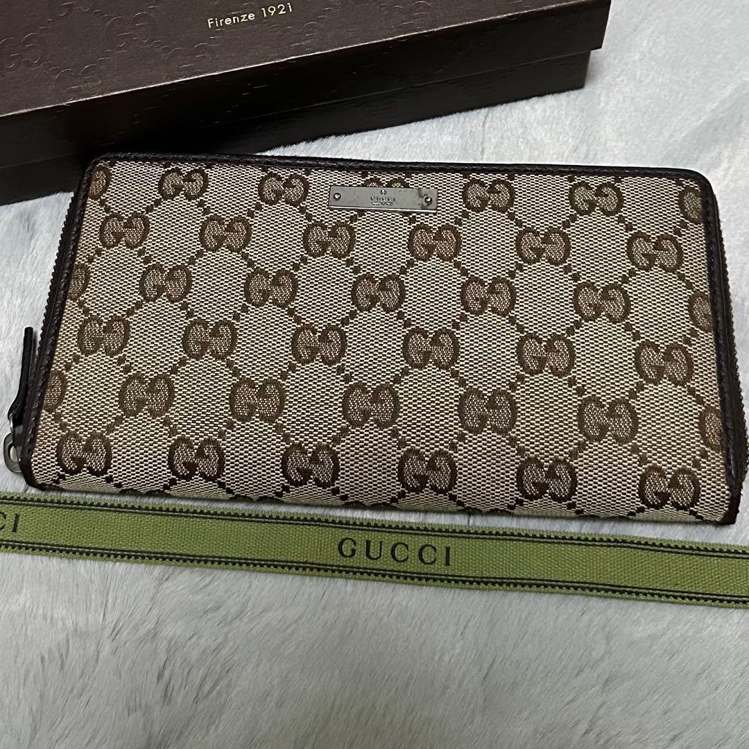 GUCCI 長財布　ラウンドファスナー　キャンバス　ブラウン　メタルロゴ　GG