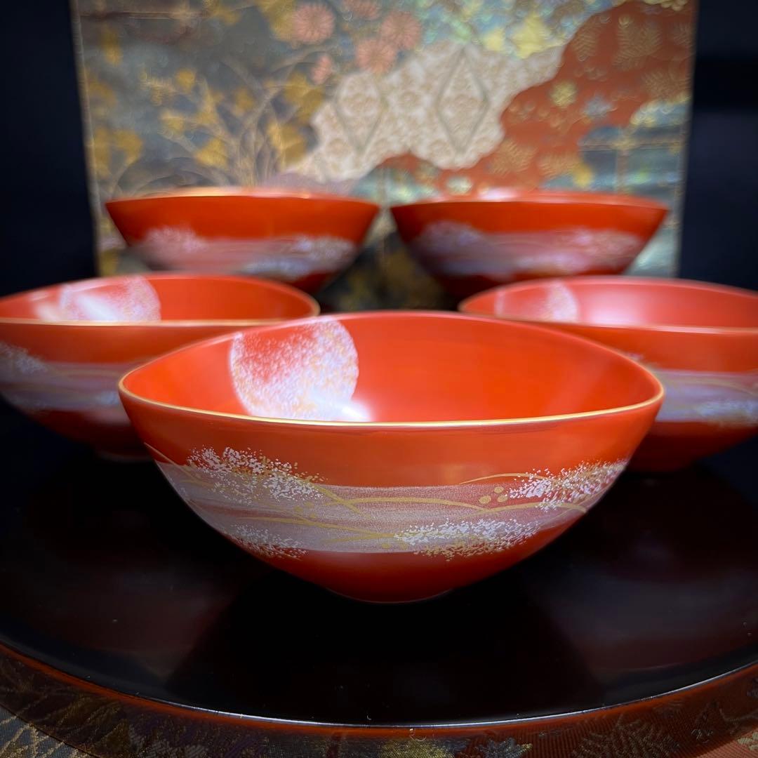 【漆器の様な趣き】橘吉 朱巻 楕円銘々鉢 セット 金彩 プラチナ銀彩 向付 小鉢