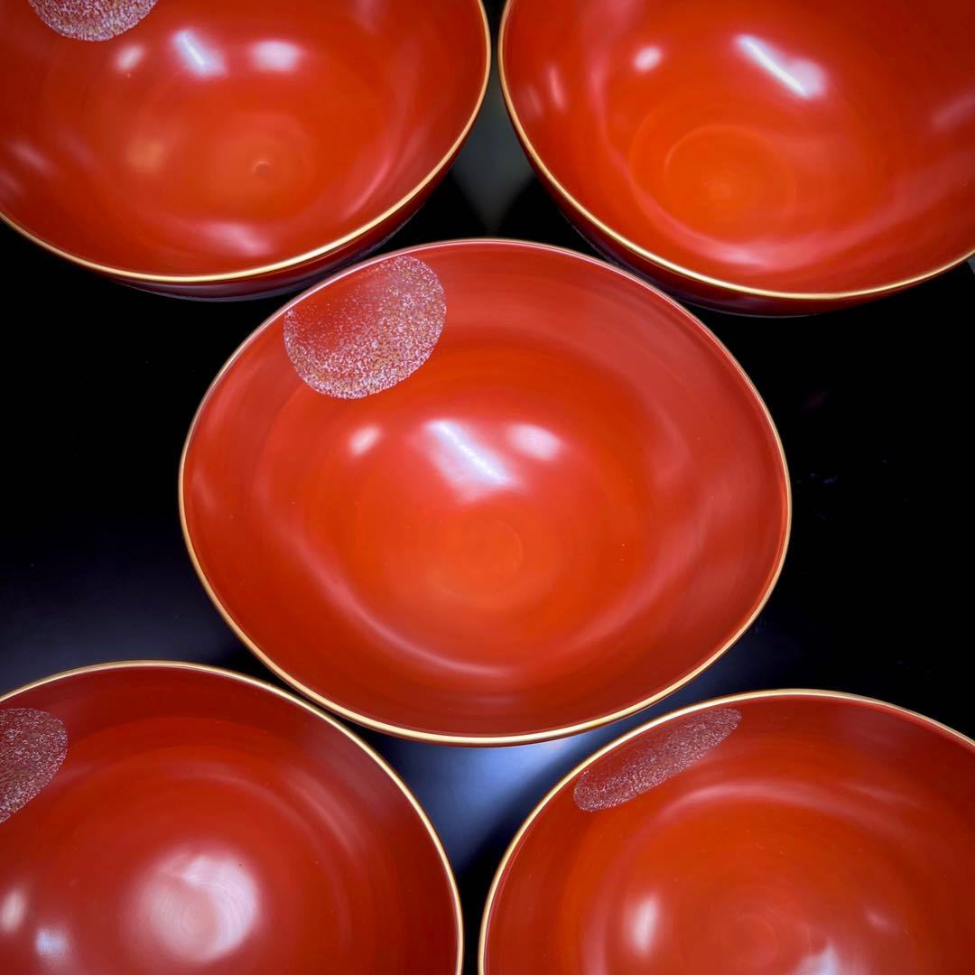 【漆器の様な趣き】橘吉 朱巻 楕円銘々鉢 セット 金彩 プラチナ銀彩 向付 小鉢