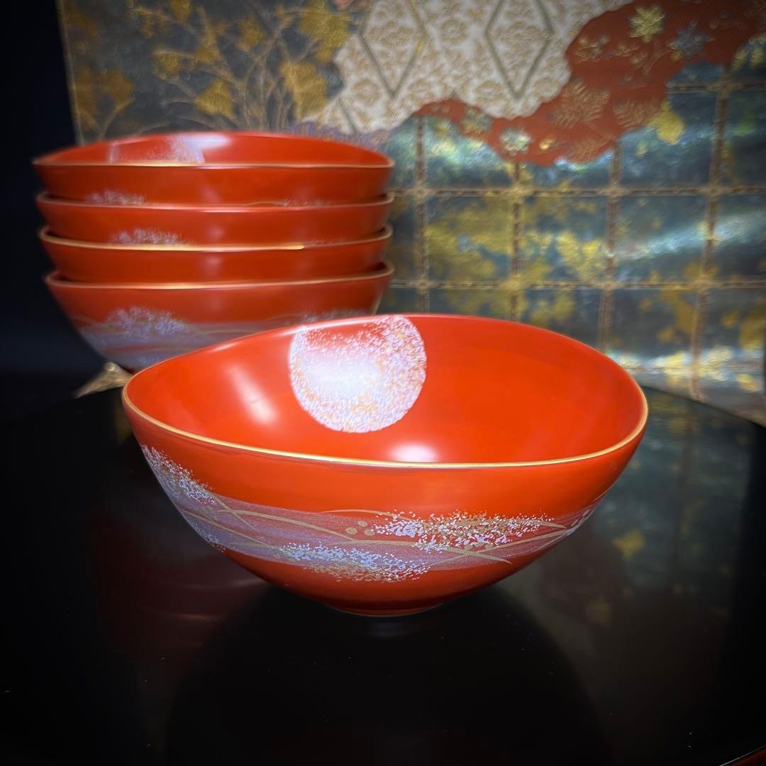 【漆器の様な趣き】橘吉 朱巻 楕円銘々鉢 セット 金彩 プラチナ銀彩 向付 小鉢