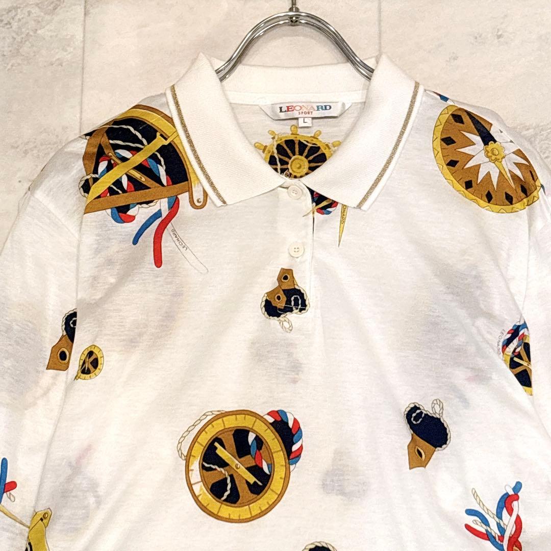 極美品✨レオナール 長袖ポロシャツ 総柄 ゴルフウェア マリンプリント L