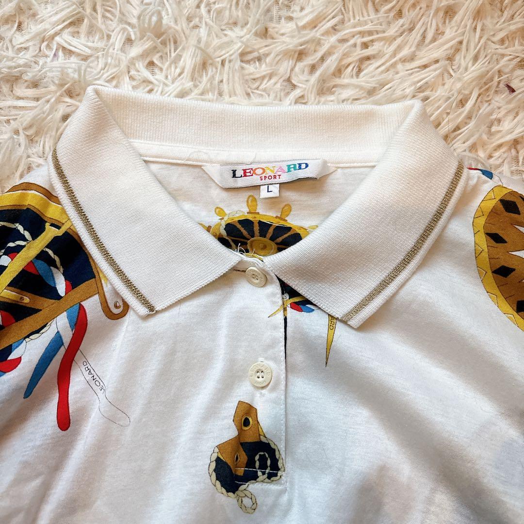 極美品✨レオナール 長袖ポロシャツ 総柄 ゴルフウェア マリンプリント L