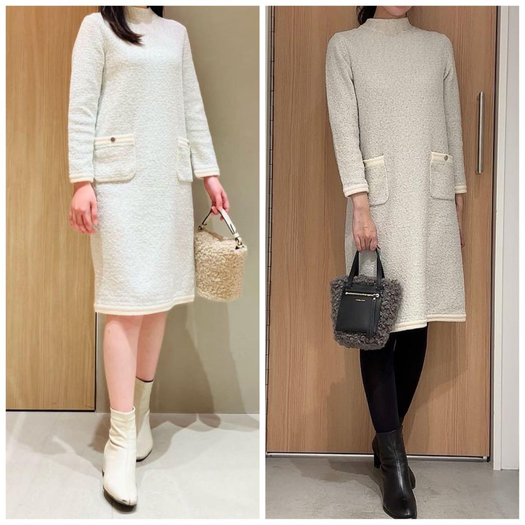 24AW アナイ ANAYI ウールブークレ配色ワンピース 36 ニットワンピ