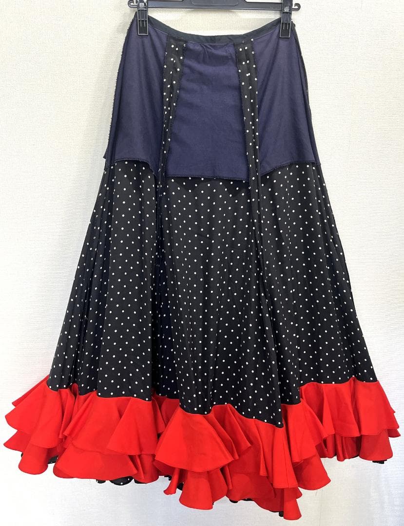 フラメンコ衣装 ツーピース ブラック×ホワイト水玉 レッドフ