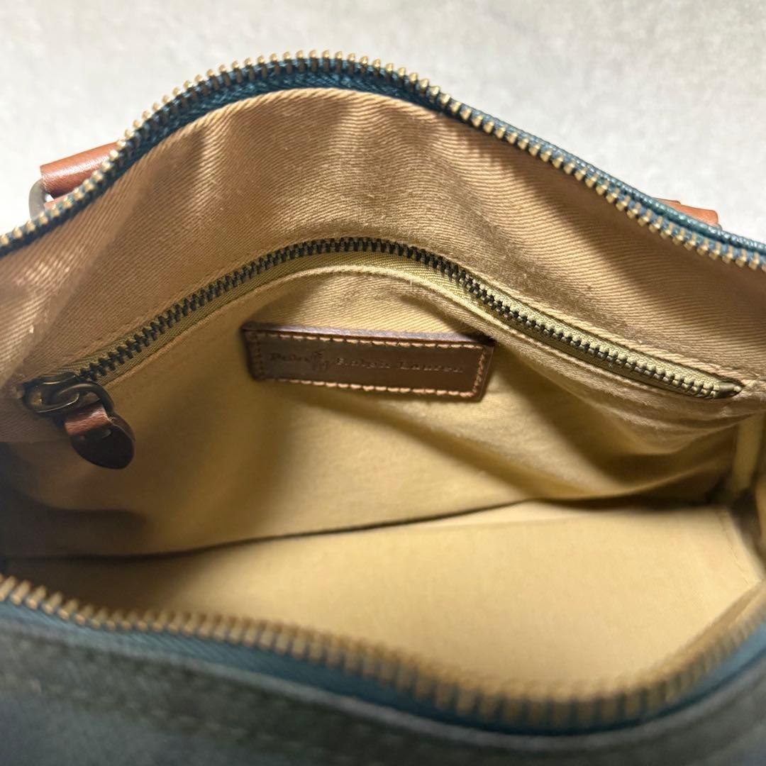 【ポロラルフローレン】美品　ミニボストンバッグ　レザー　チェック柄　グリーン
