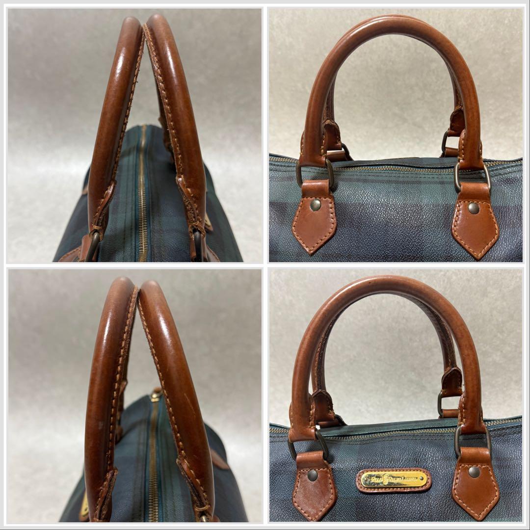 【ポロラルフローレン】美品　ミニボストンバッグ　レザー　チェック柄　グリーン