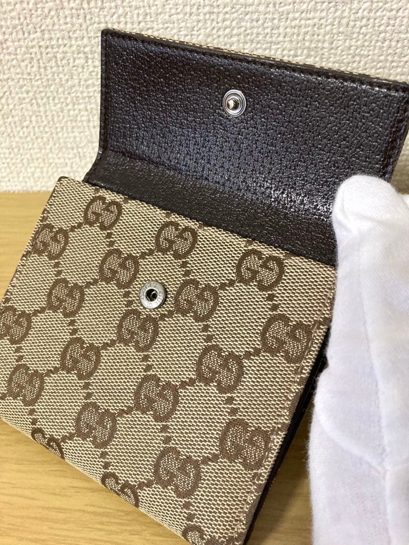 【良品】GUCCI 二つ折り財布 GGキャンパス×レザー　ベージュ/ブラウン