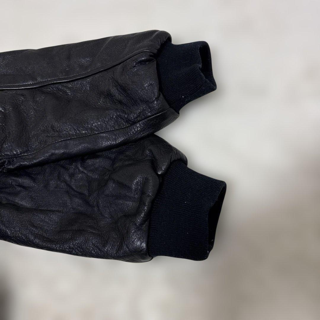 レア【オールドミッキー】スタジャンL 袖レザー　ワッペン　金ブローチ　黒　灰