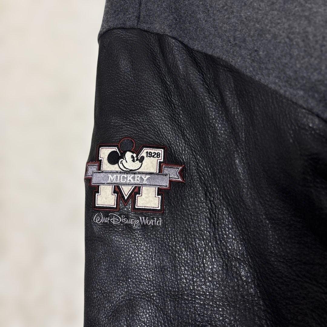 レア【オールドミッキー】スタジャンL 袖レザー　ワッペン　金ブローチ　黒　灰