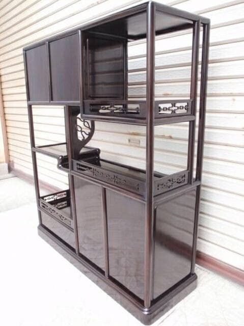 激安処分！新品 93巾 黒檀 無垢 高級飾り棚 違い棚 唐木茶棚 茶箪笥 検花梨