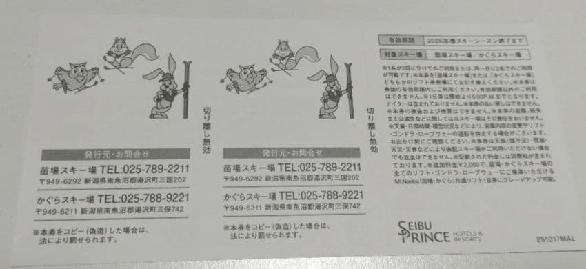 4日⁄4回分 苗場スキー場 or かぐらスキー場 リフト券1日