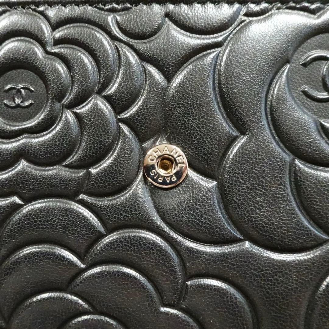 シャネル カメリア エンボス ココマーク 長財布 ラムスキン ブラック
