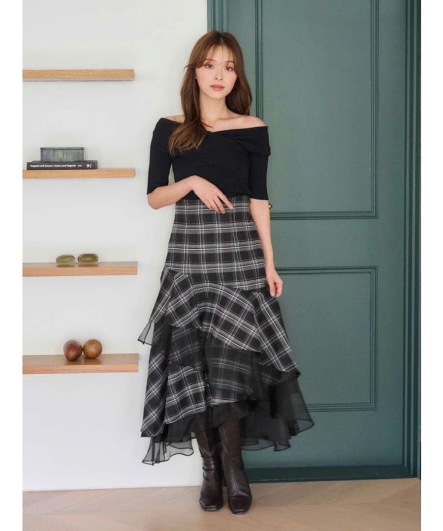 MERCURYDUO 異素材使い ティアードスカート チェック ブラック S