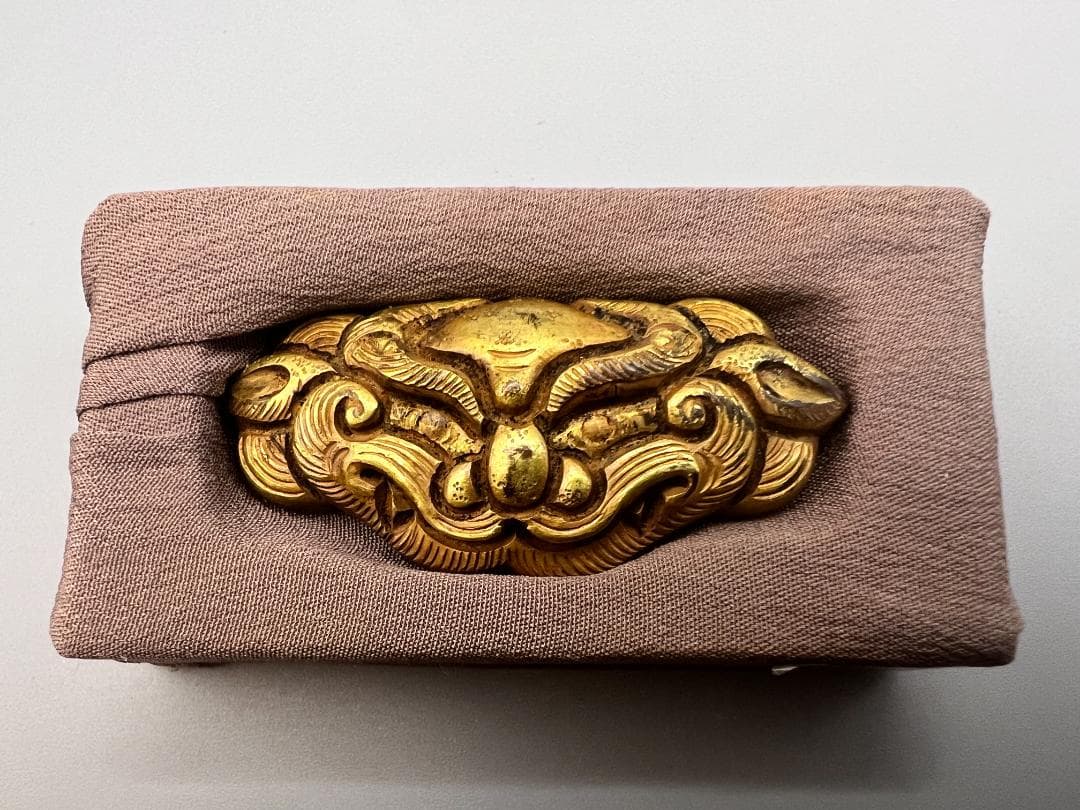 尾州藩士　江戸明治期　獅子顔形　手彫　大金具　銅製鍍金　骨董品