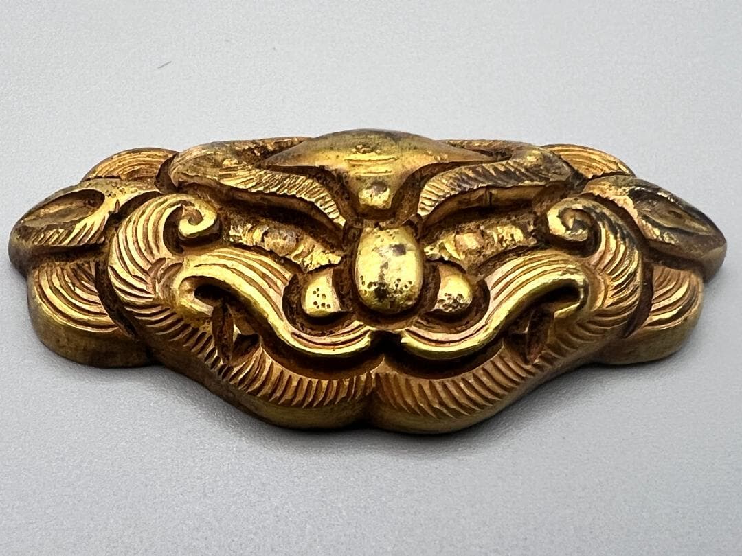 尾州藩士　江戸明治期　獅子顔形　手彫　大金具　銅製鍍金　骨董品