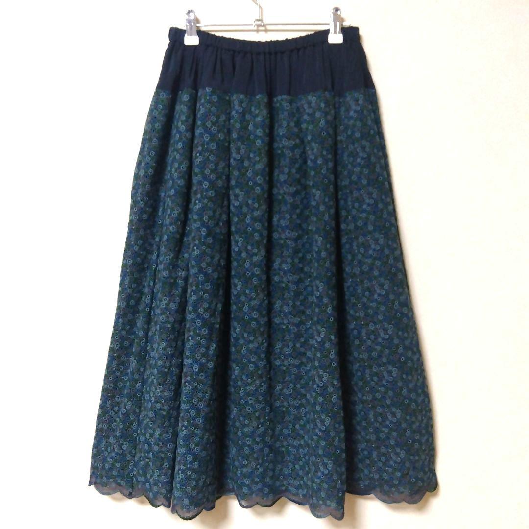 ミナペルホネン フレアスカート36刺繍ネイビー系 表生地綿100% - メルカリ
