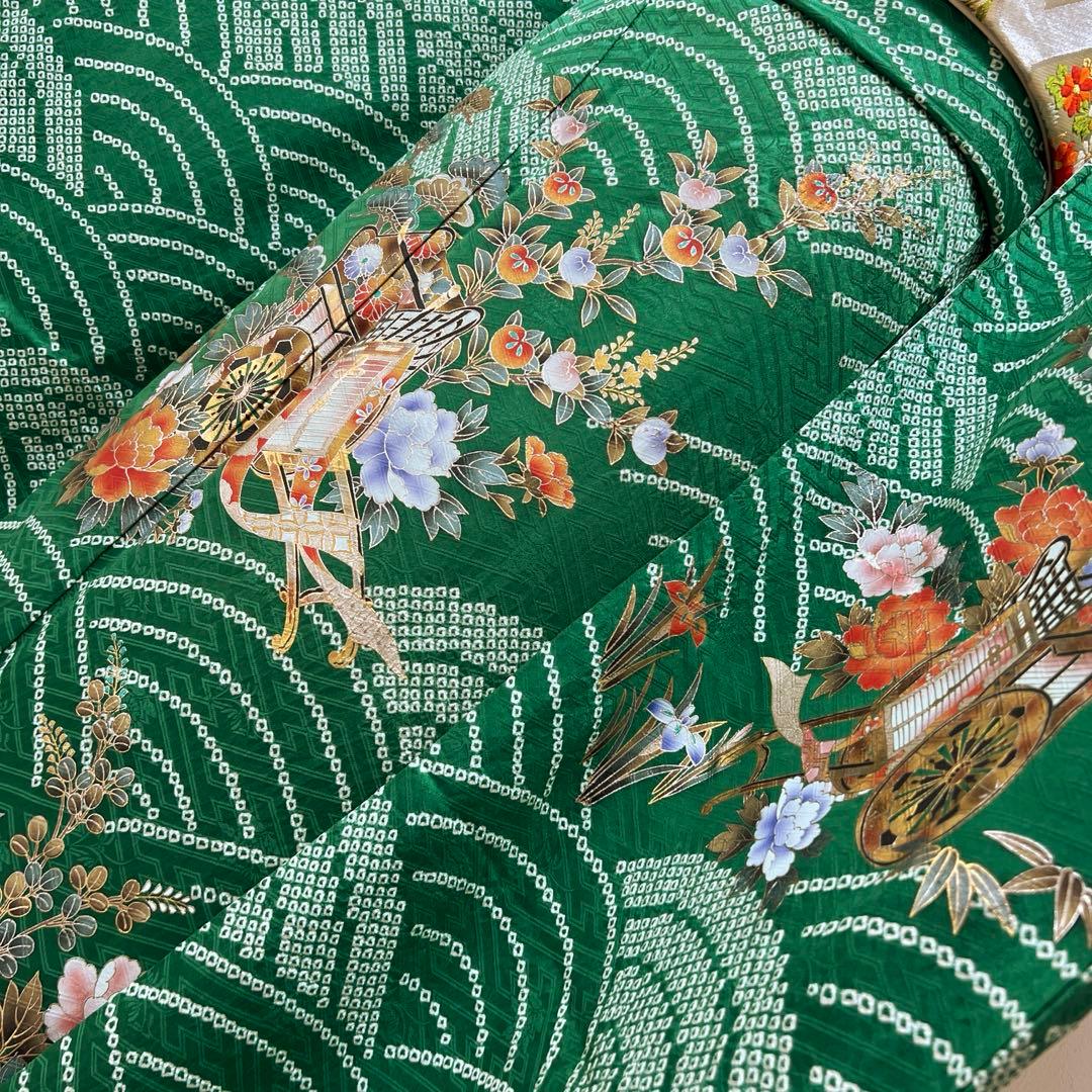 369 振袖フルセット 正絹 緑 橙 グリーン 絞り 金銀彩 古典 レトロ 長身