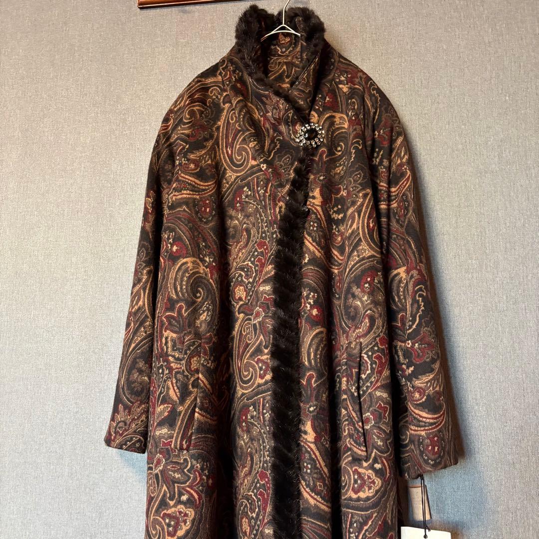 【新品】希少　美しい柄✨✨カシミヤ100%の艶やかなロングコート　ミンクの襟