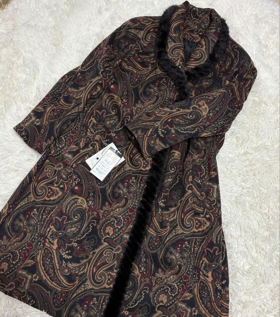 【新品】希少　美しい柄✨✨カシミヤ100%の艶やかなロングコート　ミンクの襟