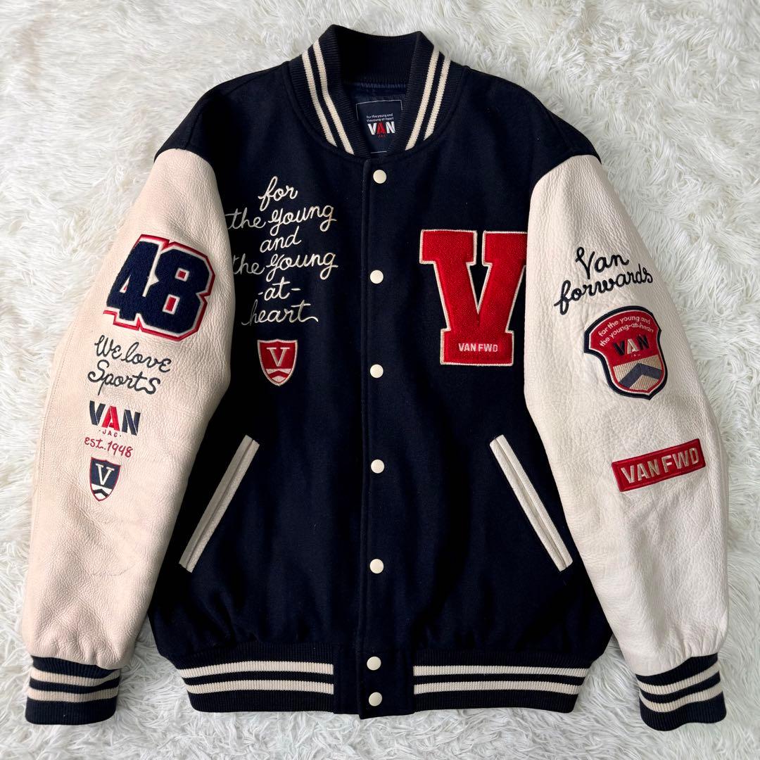 美品/希少✨VAN JACKET スタジャン袖レザーアーチロゴLL