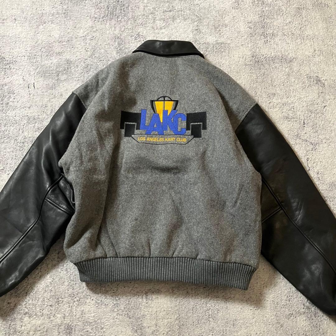 90sUSA製ウールレザーLAKCKARTCLUBスタジャングレー×ブラック