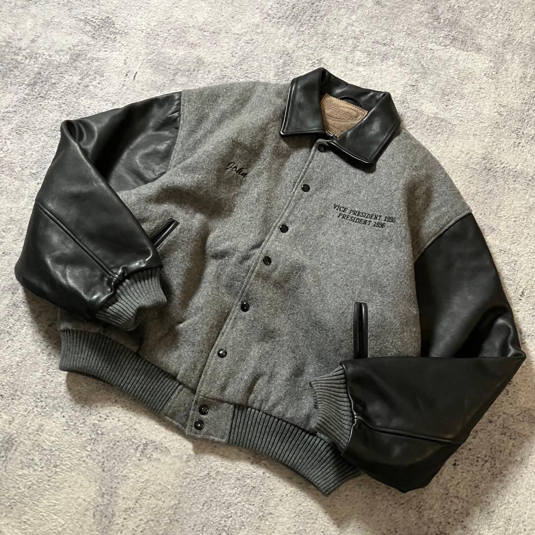 90sUSA製ウールレザーLAKCKARTCLUBスタジャングレー×ブラック