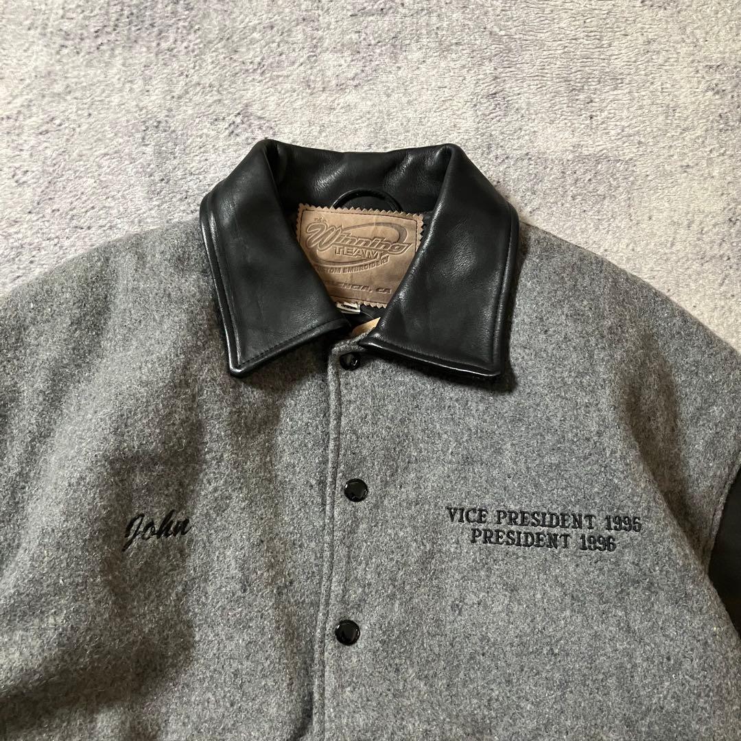 90sUSA製ウールレザーLAKCKARTCLUBスタジャングレー×ブラック