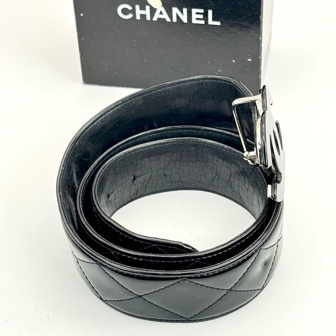 CHANEL ブラック　ココマーク　ベルト　マトラッセ　　パテントレザー　保存箱