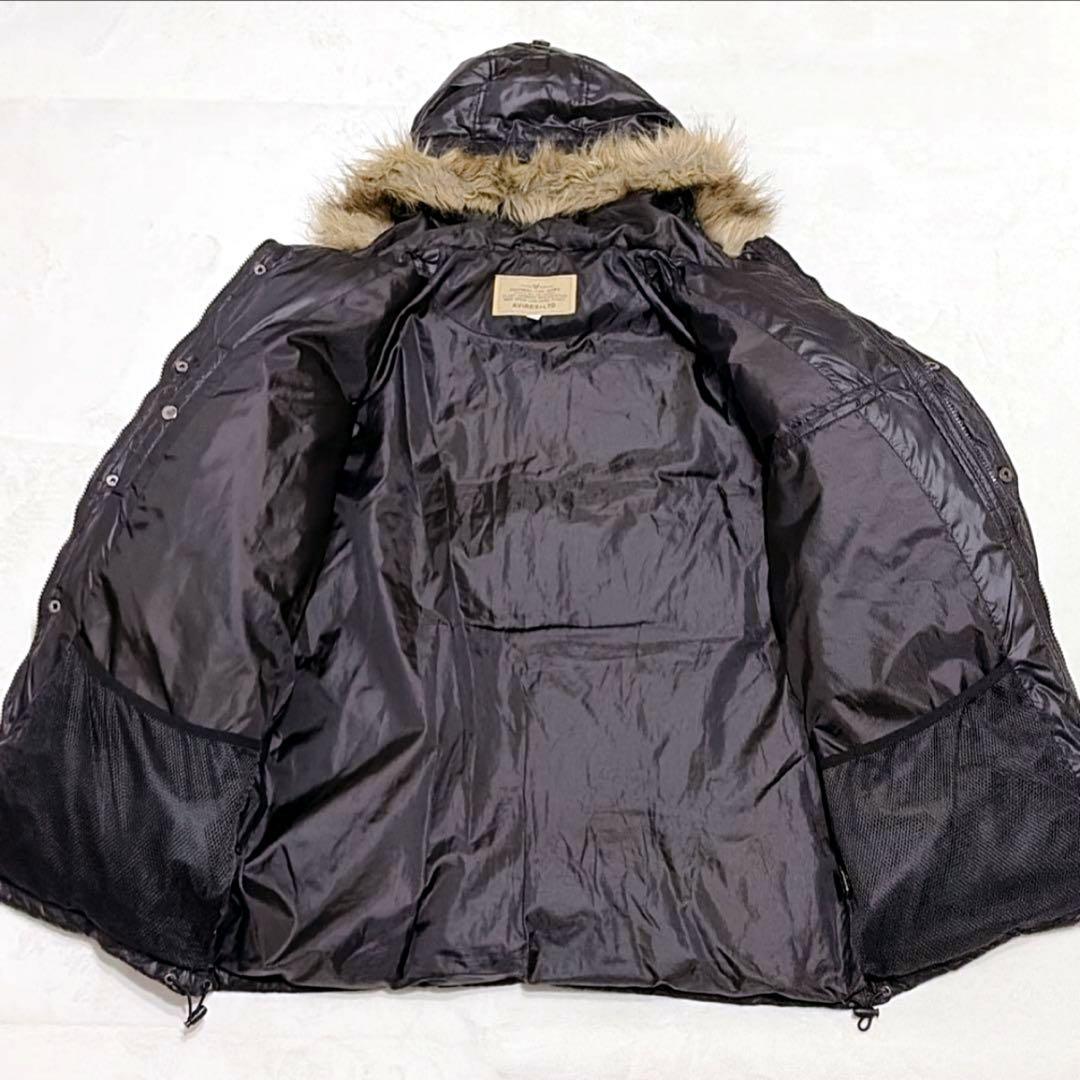 【美品】AVIREX ダウンジャケット ファー 肉厚 光沢 ブラック黒 L