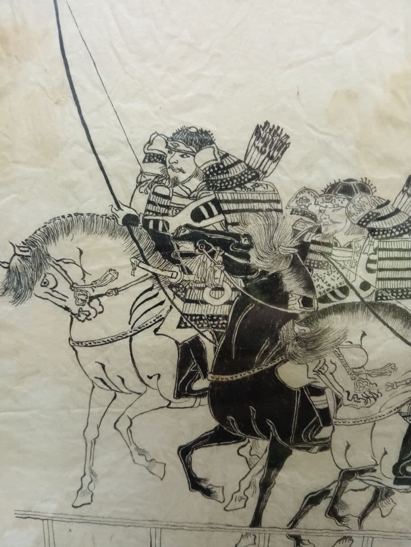 江戸時代後期幕末頃武家旧家蔵出馬上武者絵図古文書資料横幅４４Ｘ縦３２センチ額装品