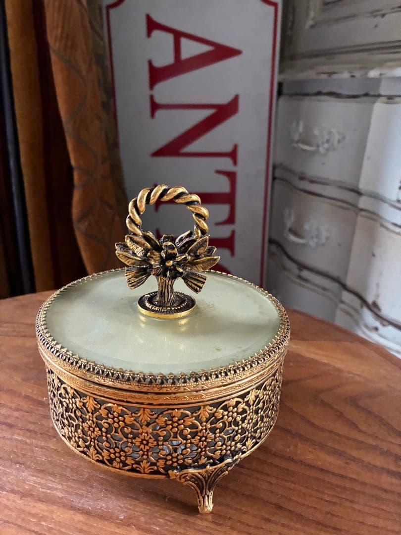 フランス　アンティーク　オルモル　ガラス　ジュエリー　ボックス　真鍮　美品　レア
