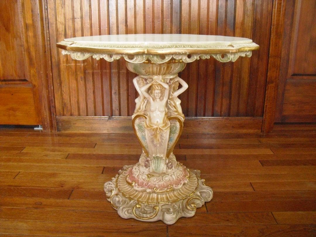 イタリア製 優雅なロココ様式サイドテーブル☆女神金彩クラック塗装オブジェ置物