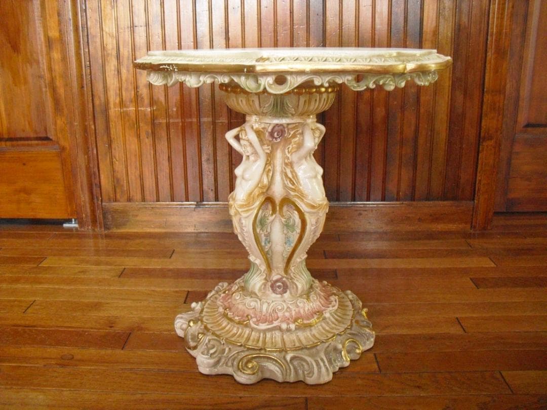 イタリア製 優雅なロココ様式サイドテーブル☆女神金彩クラック塗装オブジェ置物