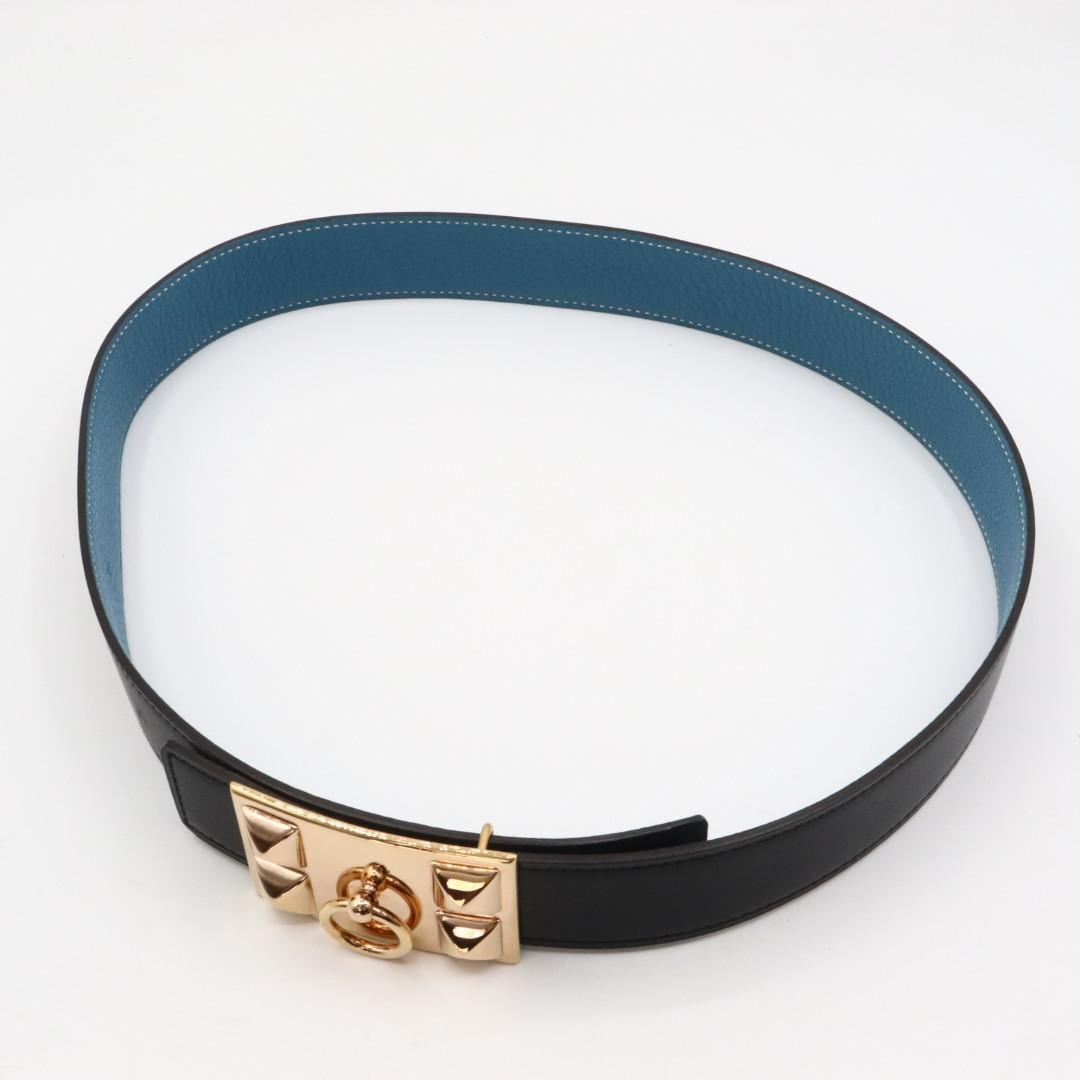 美品　エルメス　コリエドシアン　レザー　ベルト　７５　ブラック　ブルー