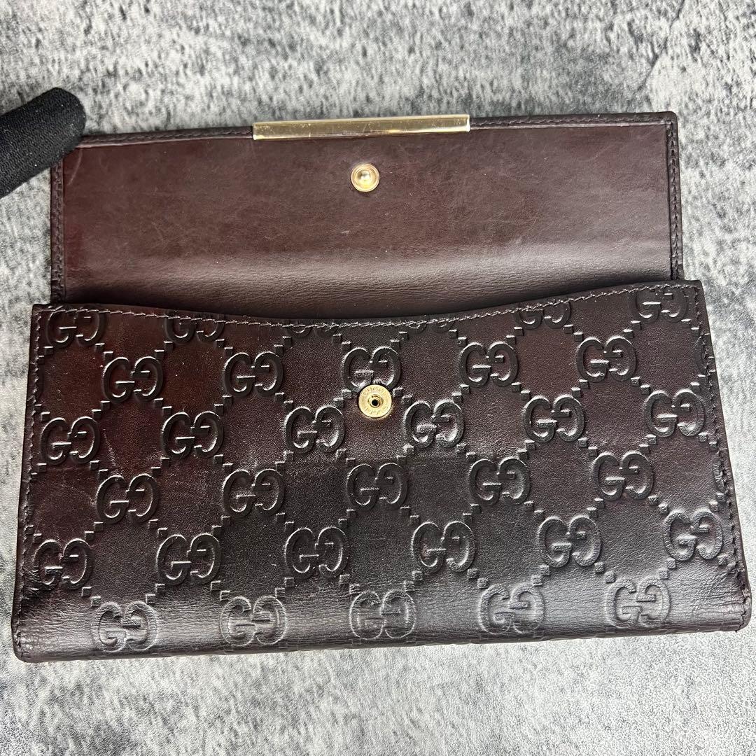 GUCCI GGエンボス レザー 長財布 ダークブラウン Wホック レザー GUCCI
